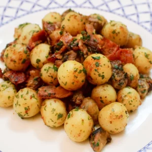 Pommes Parisiennes au lard fumé, ail & champignons