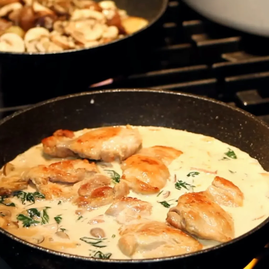 Poulet cr&eacute;meux &agrave; l&rsquo;ail et aux champignons