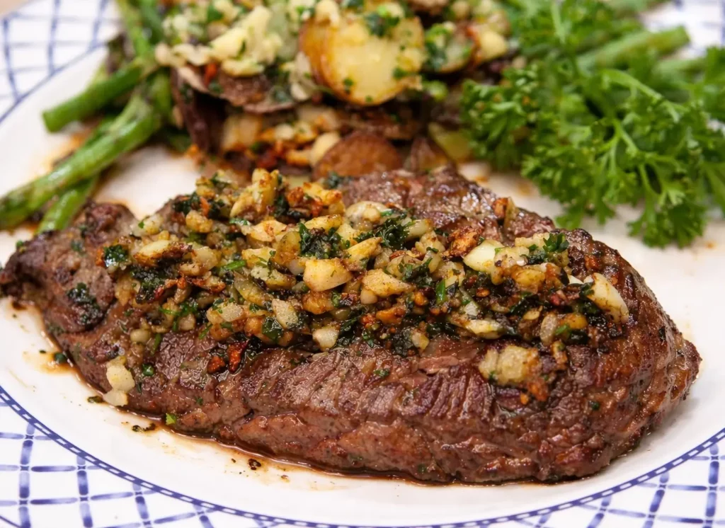 Bavette &agrave; l&rsquo;ail, beurre persill&eacute;, pommes de terre croustillantes et asperges