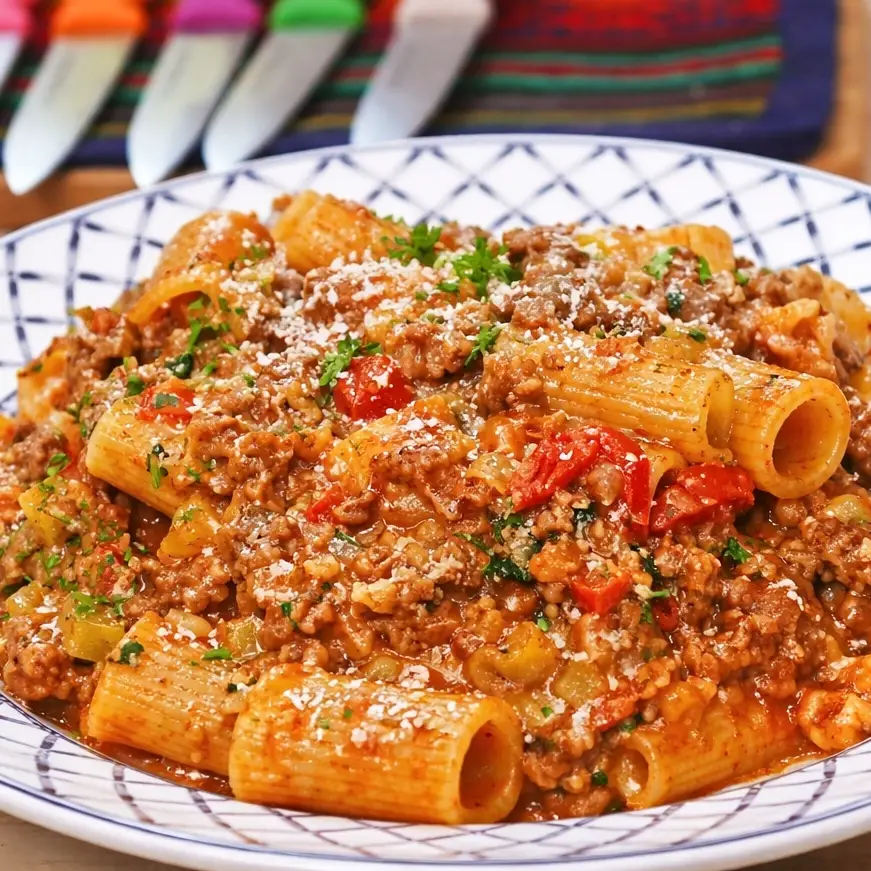 Pâtes Rigatoni au Bœuf Haché et Tomates – Recette de Pâtes Rustiques à la Poêle