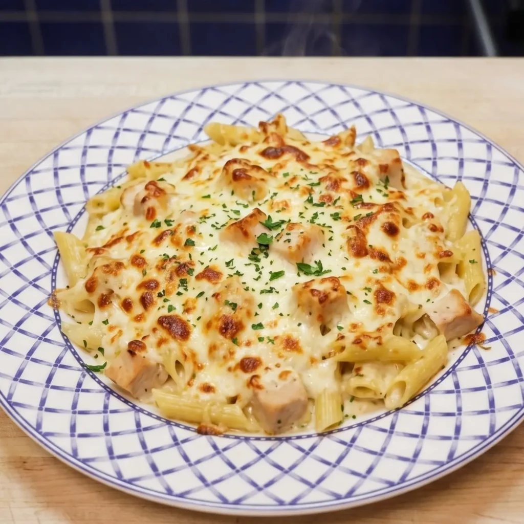 Gratin de poulet Alfredo cr&eacute;meux au four