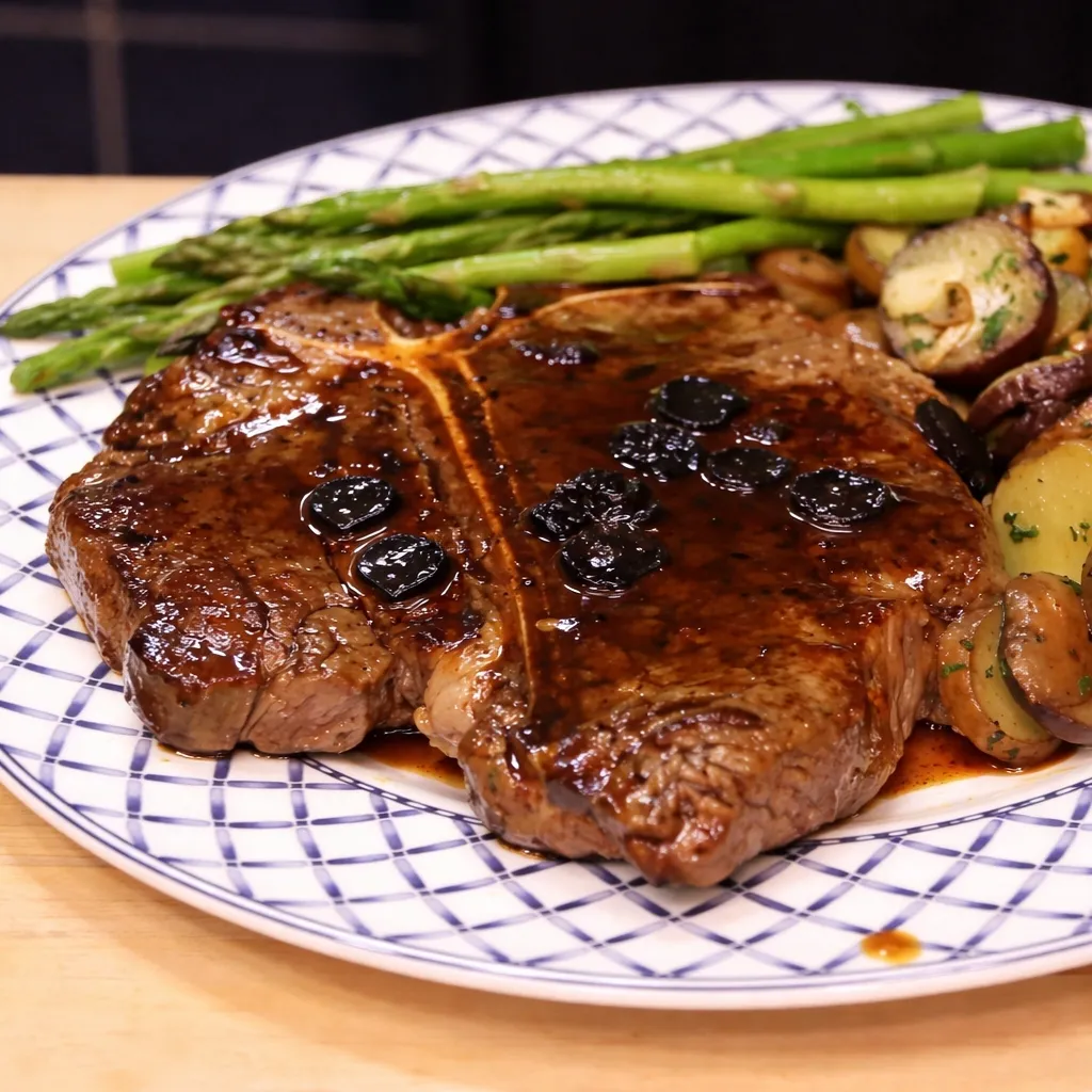 Dry-Aged Steak with Meat Glaze, Truffle Potatoes, and Buttered Asparagus