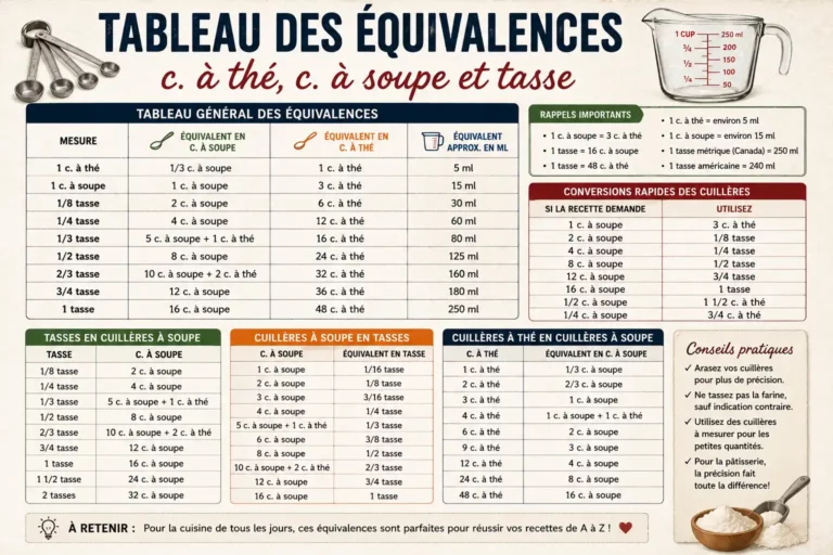 Tableau des équivalences c. à thé, c. à soupe et tasse pour cuisiner