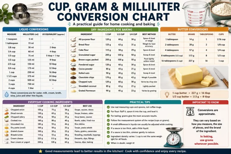 Cup, Gram and Milliliter Conversion Chart