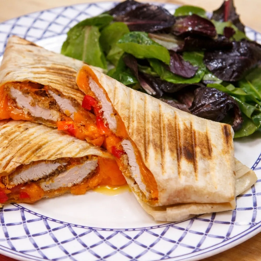 Wrap au poulet croustillant, cheddar fort et vinaigrette moutarde à l’érable