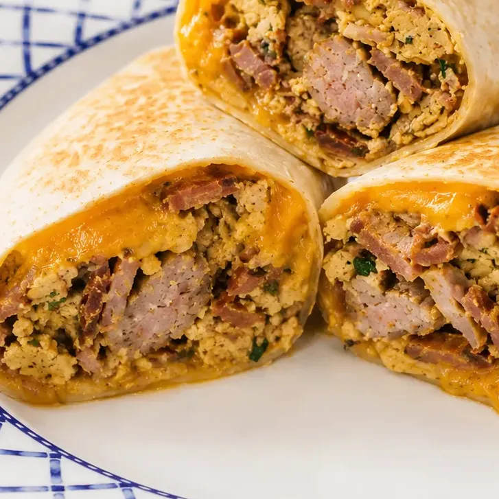 Hearty Breakfast Burritos with Homemade Pork Sausage, Maple Bacon, Eggs and Cheddar