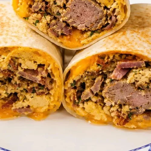 Burritos d&eacute;jeuner costauds &agrave; la saucisse maison, bacon &agrave; l&rsquo;&eacute;rable, &oelig;ufs et cheddar