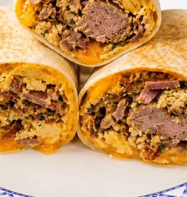 Burritos déjeuner costauds à la saucisse maison, bacon à l’érable, œufs et cheddar