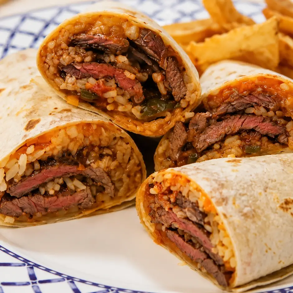 Beef Burritos with Seared Steak, Rice, Cheddar and Spicy Tomato Sauce