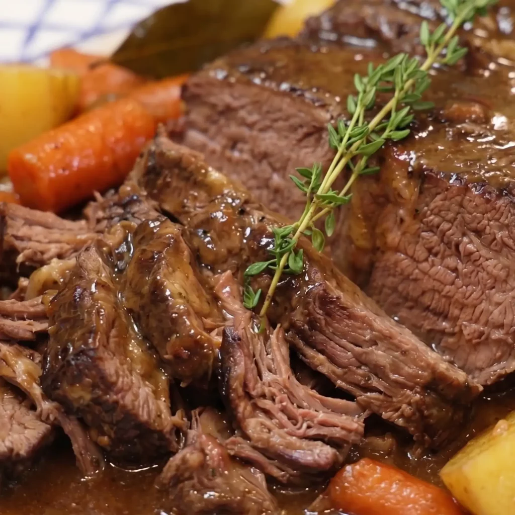 Rôti de bœuf braisé en cocotte avec carottes et pommes de terre