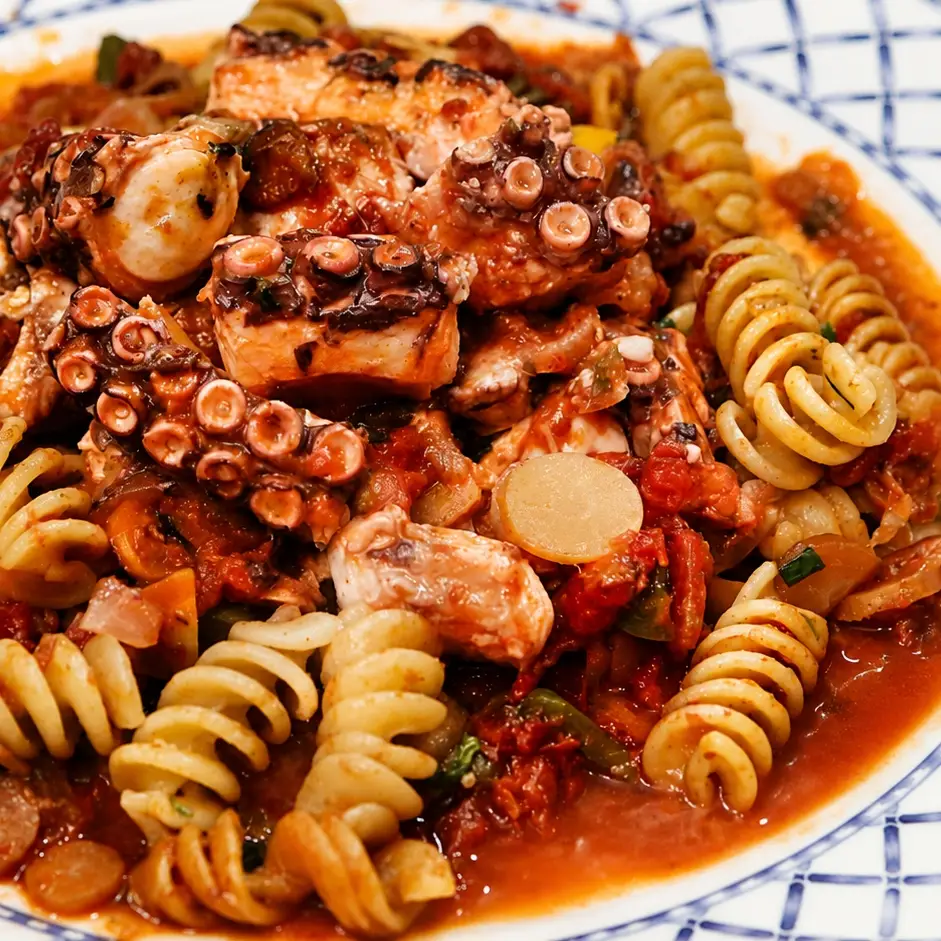 Poulpe ultra-tendre à la sauce tomate épicée et pâtes tricolores