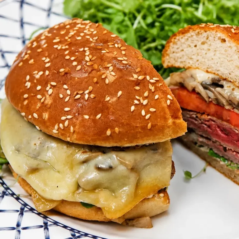 Steak Burger aux champignons, fromage fondu et sauce dijonnaise maison