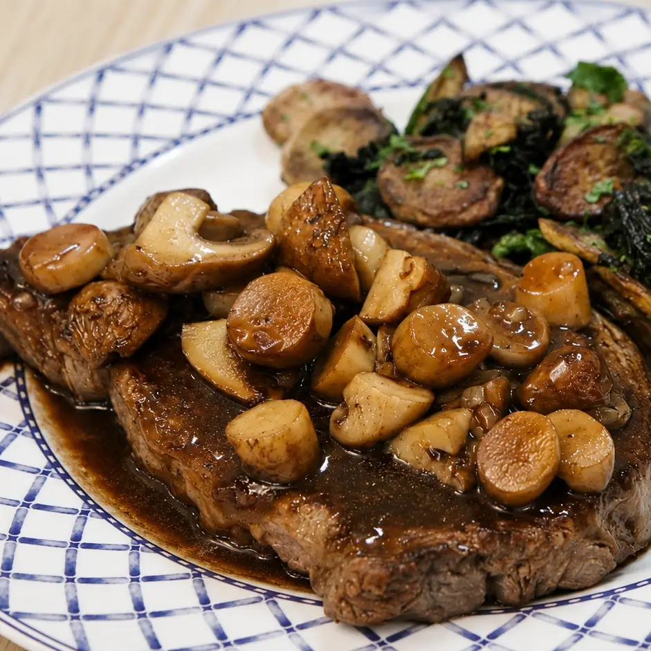 Steak aux cèpes, trompettes de la mort et pommes de terre croustillantes