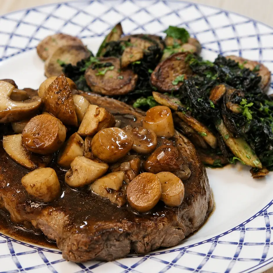 Wild Mushroom Steak with C&egrave;pes, Black Trumpets, and Crispy Potatoes