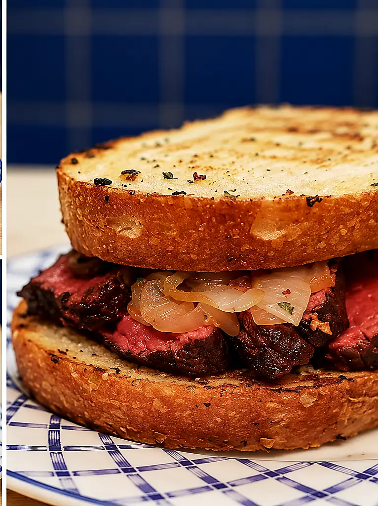 Sandwich steak au beurre &agrave; l&rsquo;ail facile avec oignons dor&eacute;s et sauce relev&eacute;e