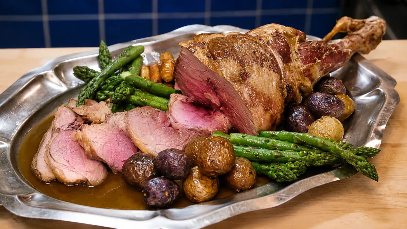 Gigot d&rsquo;agneau royal au four avec ail, jus maison et l&eacute;gumes color&eacute;s