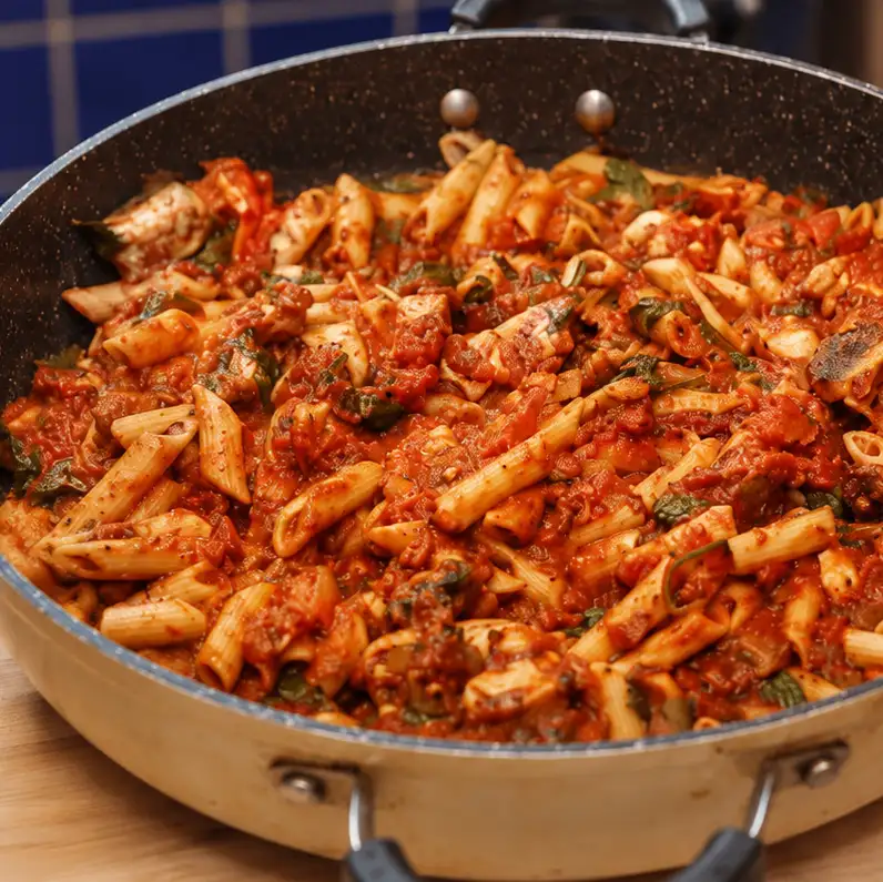Penne au poulet, champignons et épinards, sauce tomate rapide
