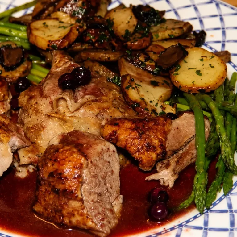 Canard r&ocirc;ti aux bleuets et pommes de terre &agrave; la graisse de canard