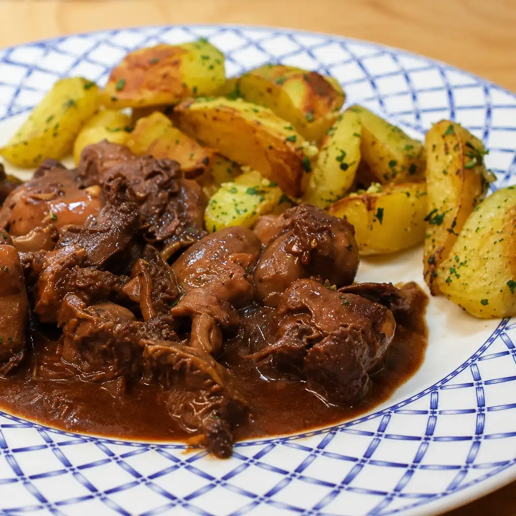 coeurs de canard sauce vin rouge morilles, plat fini