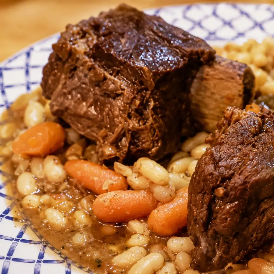 cotes courtes de boeuf braisees aux haricots blancs, plat fini