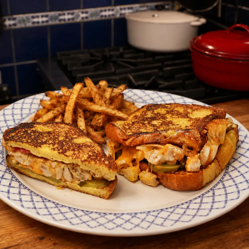 easy chicken bacon grilled cheese pickles, finished dish