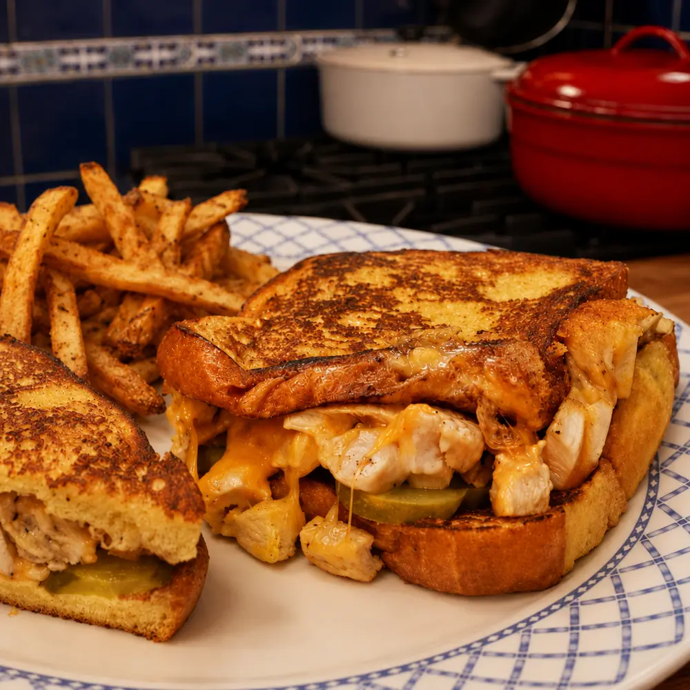 easy chicken bacon grilled cheese pickles, finished dish
