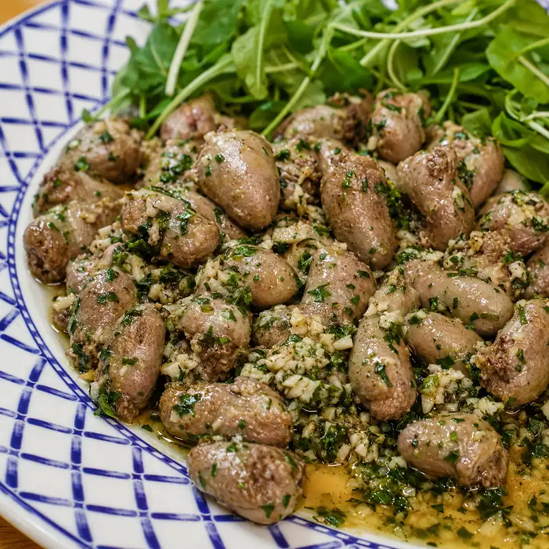 easy pan seared chicken hearts garlic parsley, finished dish