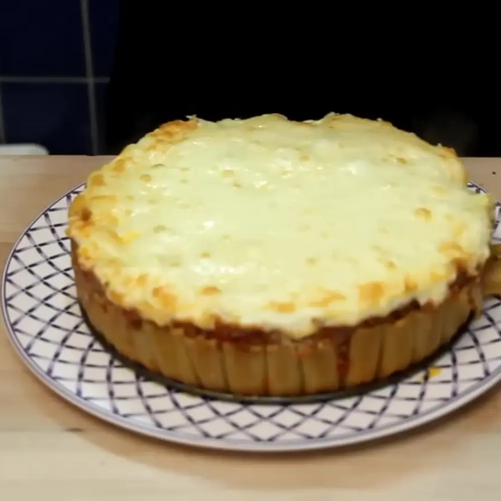 easy rigatoni pasta cake ground beef bechamel, finished dish