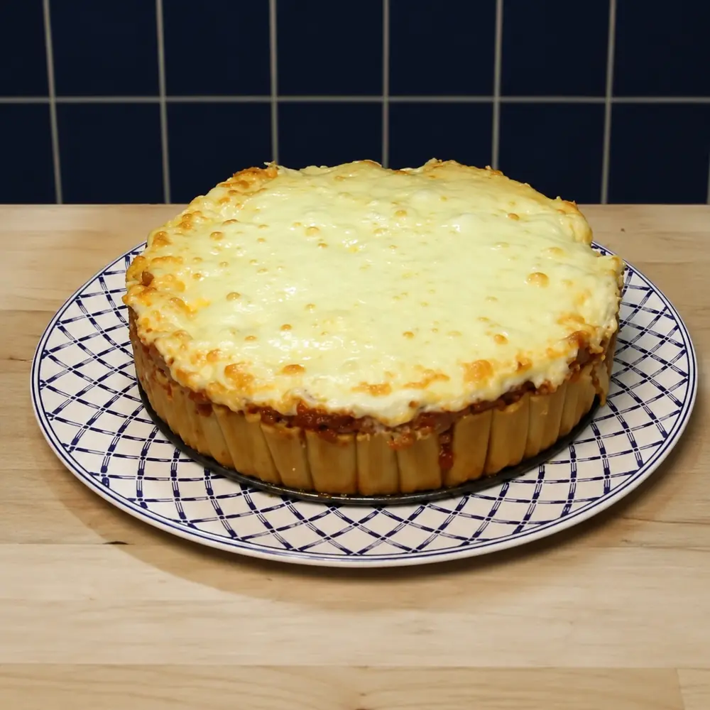 easy rigatoni pasta cake ground beef bechamel, finished dish