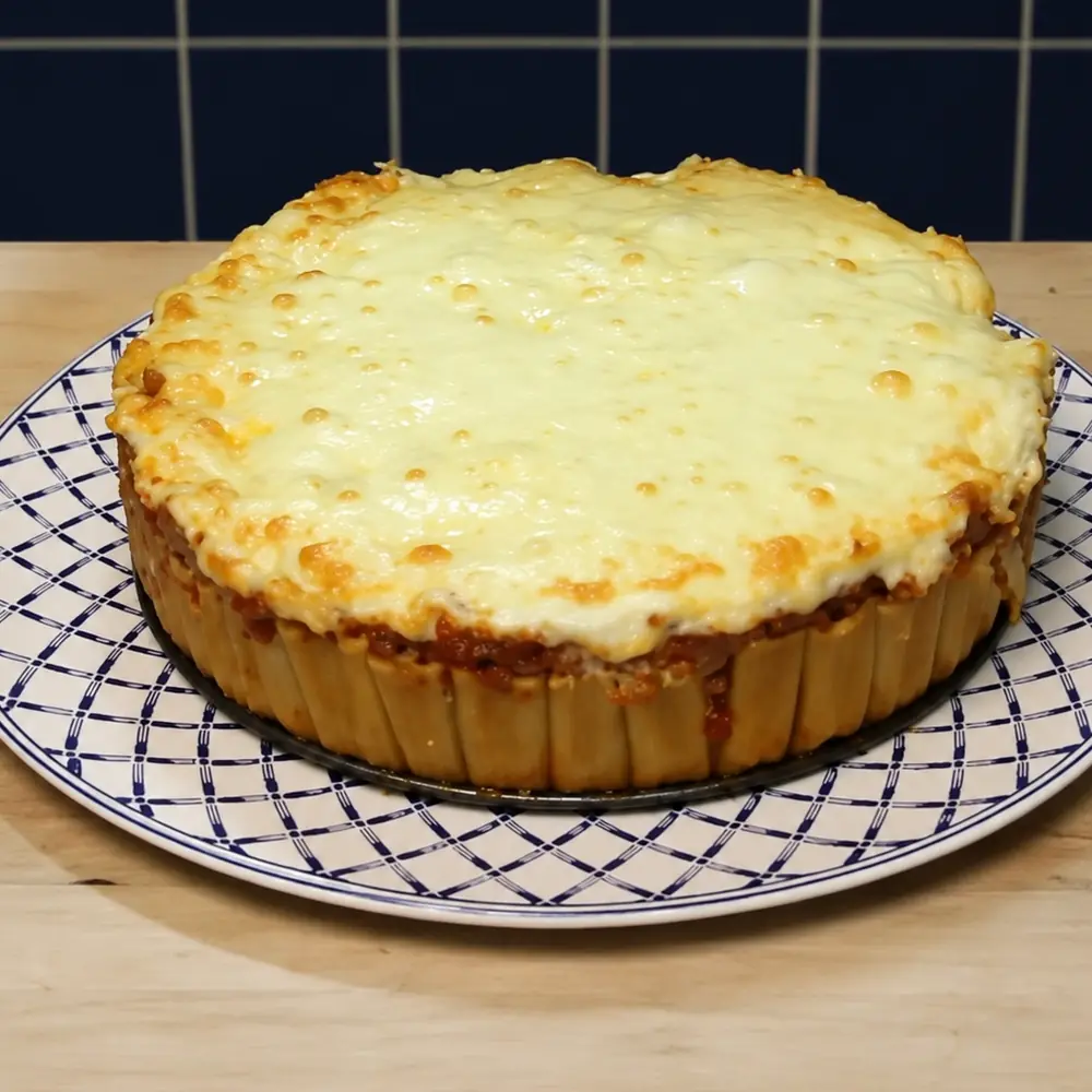 easy rigatoni pasta cake ground beef bechamel, finished dish