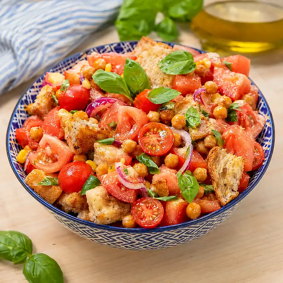 easy tomato panzanella salad crispy chickpeas, finished dish