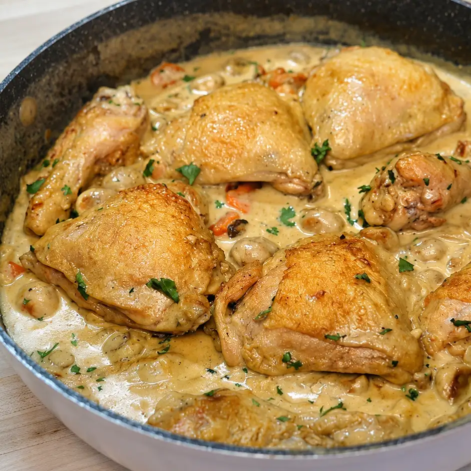 fricassee de poulet facile sauce cremeuse vin blanc, plat fini