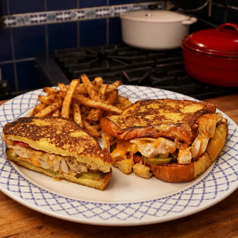 Grilled cheese au poulet et bacon avec cornichons