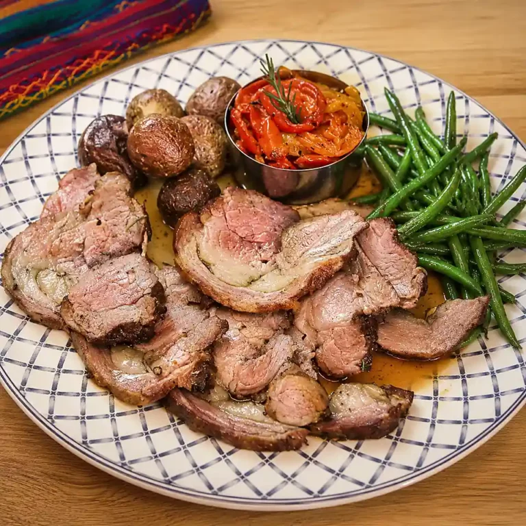 Boneless Lamb Shoulder Roast with Pan Jus and Vegetables