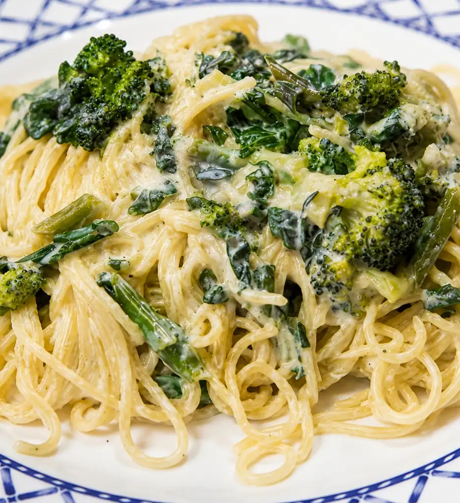 linguine primavera cremeuses legumes verts, plat fini