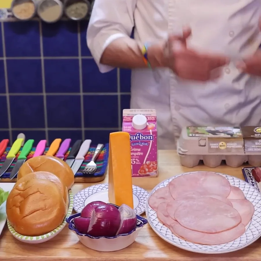 loaded breakfast sandwich cheese sauce bacon eggs, ingredients