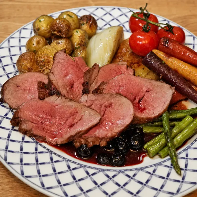 Magret de canard poêlé, sauce aux bleuets et légumes rôtis