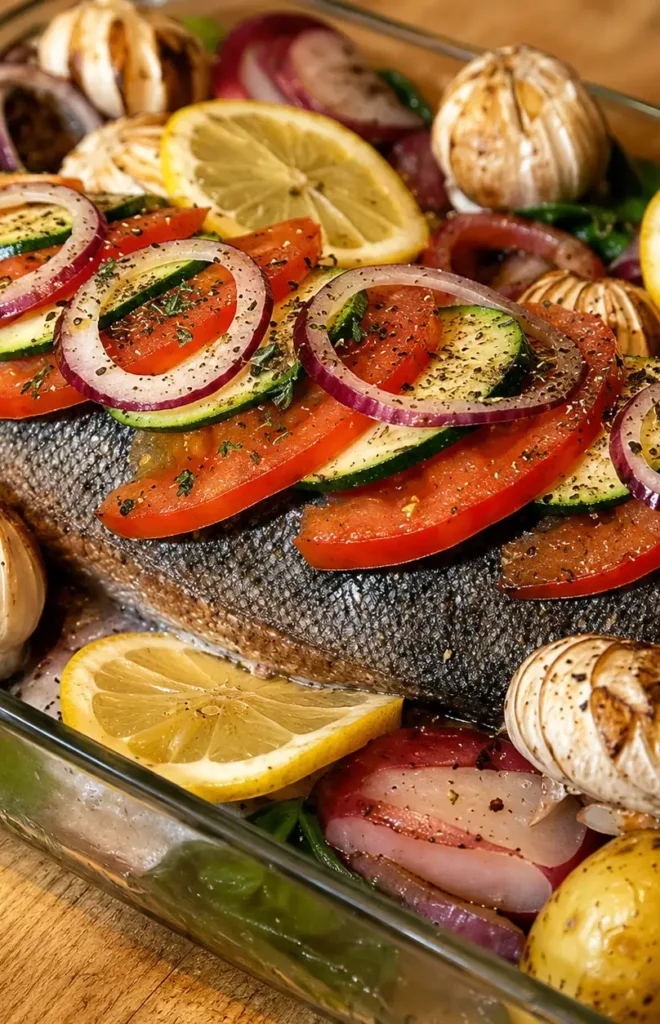Truite enti&egrave;re au four avec l&eacute;gumes et sauce cr&eacute;meuse au vin blanc