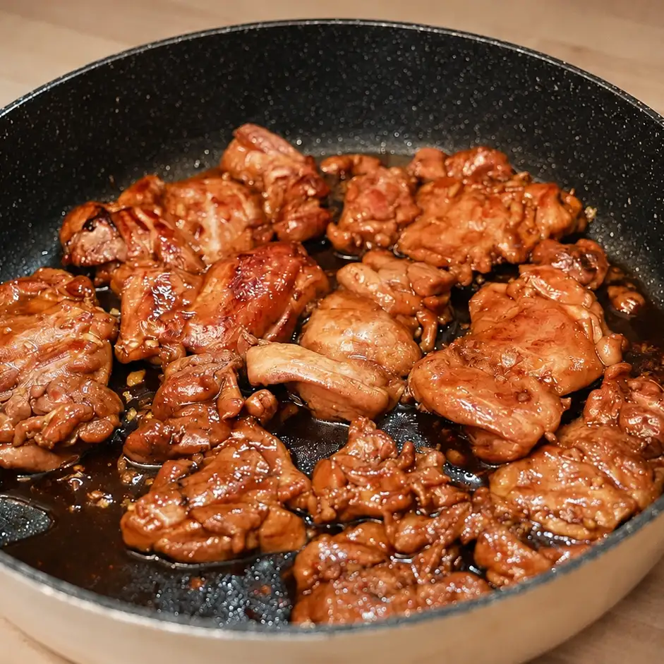 Sticky Caramel Chicken Thighs with Soy, Garlic and Ginger
