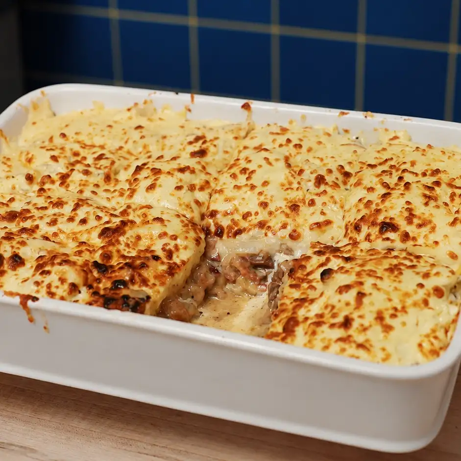 Easy Loaded Potato Gratin with Steak, Bacon and Sausage