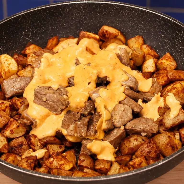Easy Steak and Potatoes with Creamy Garlic Cheese Sauce