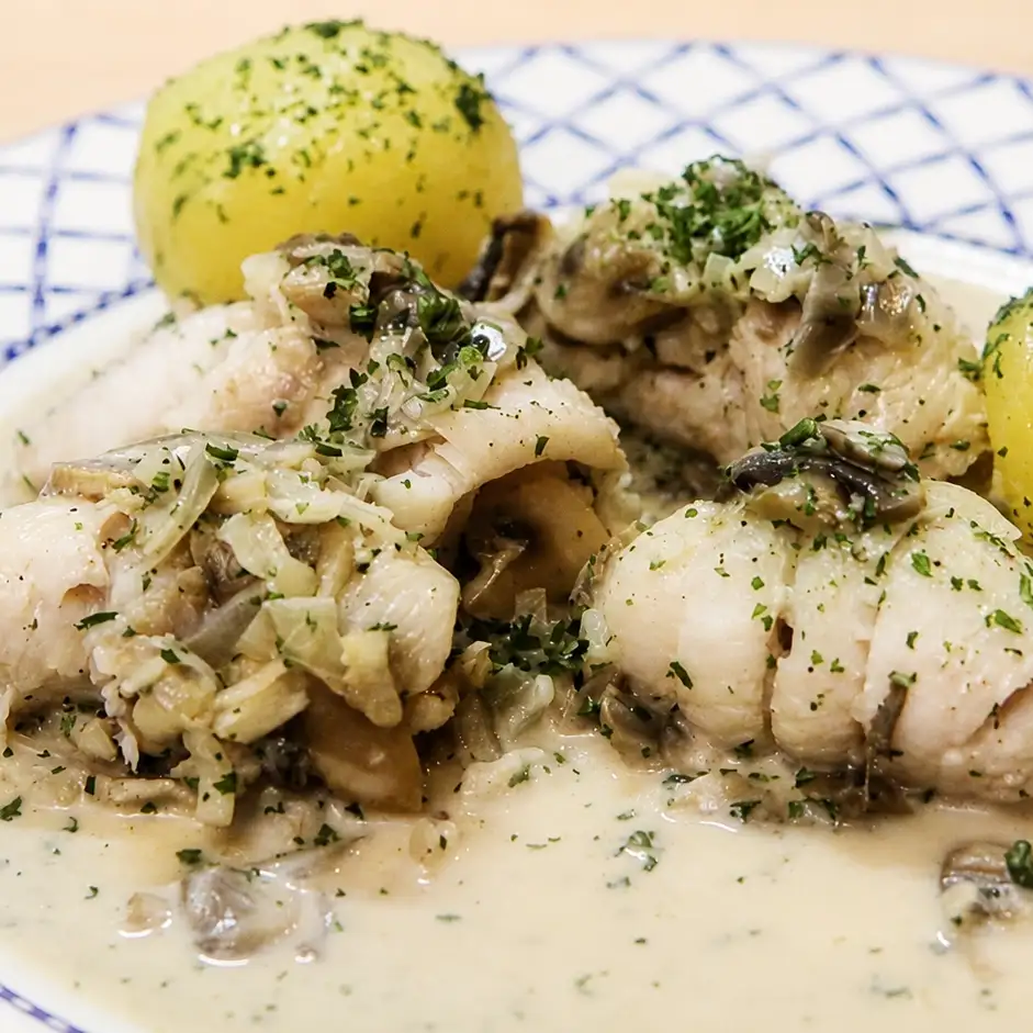 Filet de sole bonne femme facile, sauce crémeuse au vin blanc et champignons