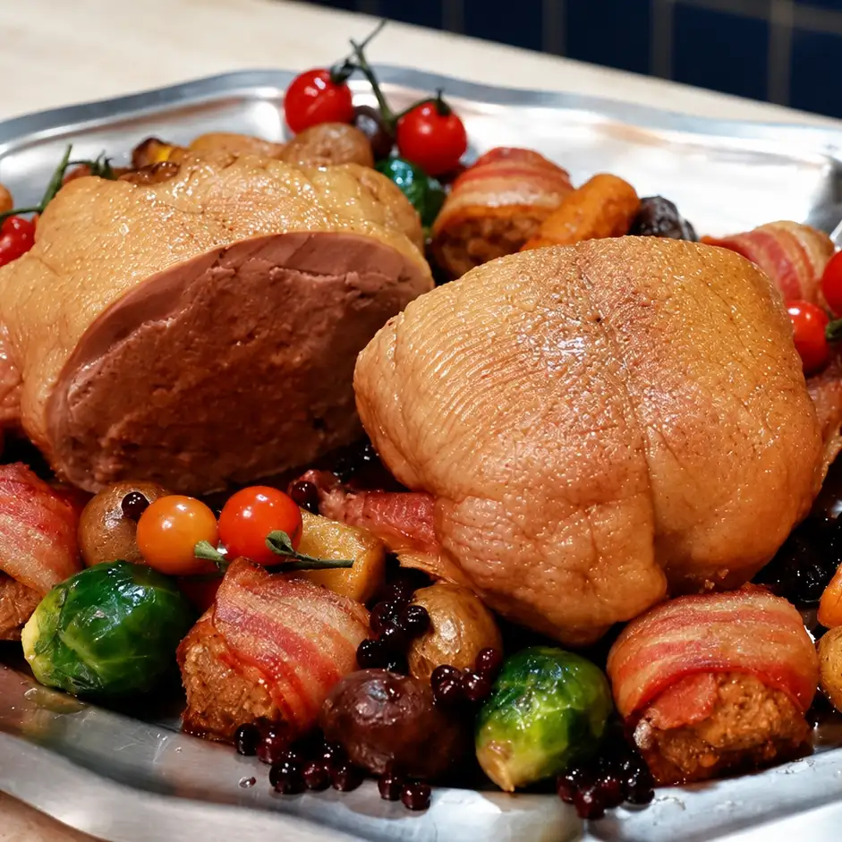 Stuffed Duck with Bacon-Wrapped Stuffing, Roasted Vegetables, and Blueberry Duck Sauce