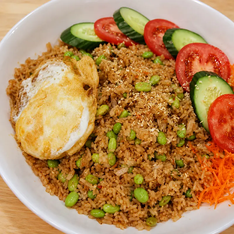 nasi goreng vegetarien facile oeufs frits riz de la veille, plat fini