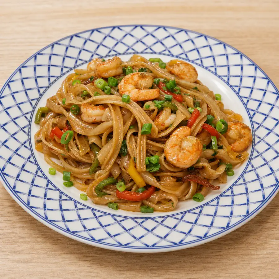 nouilles sautees aux crevettes, plat fini