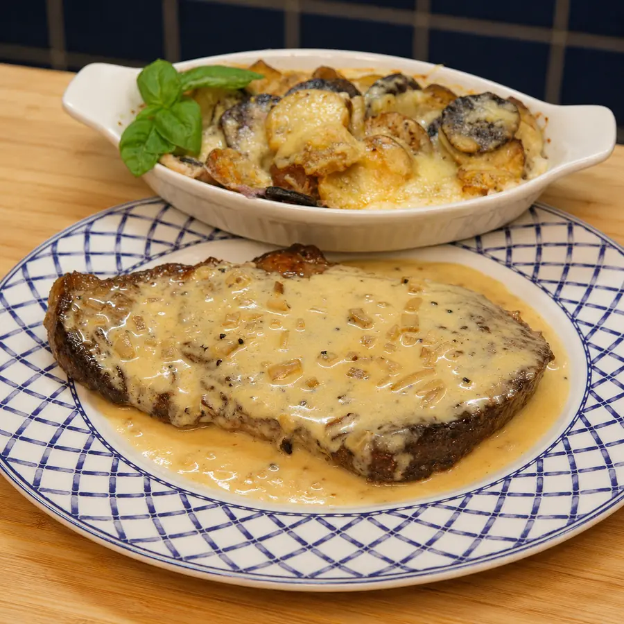 pan seared steak three cheese sauce potato gratin, finished dish