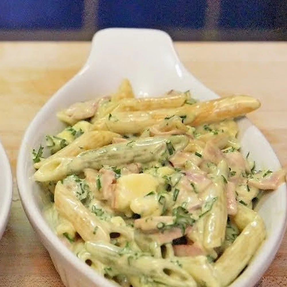 salade penne cremeuse jambon fromage bleu, plat fini