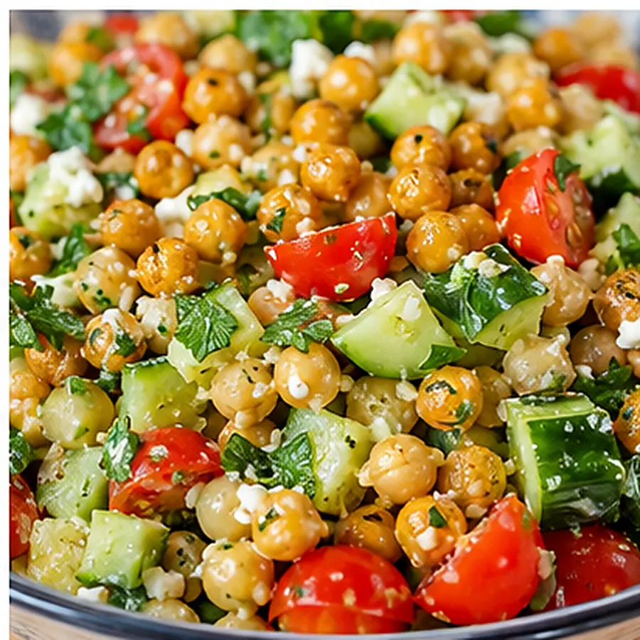 salade pois chiches concombre tomates fromage chevre, plat fini