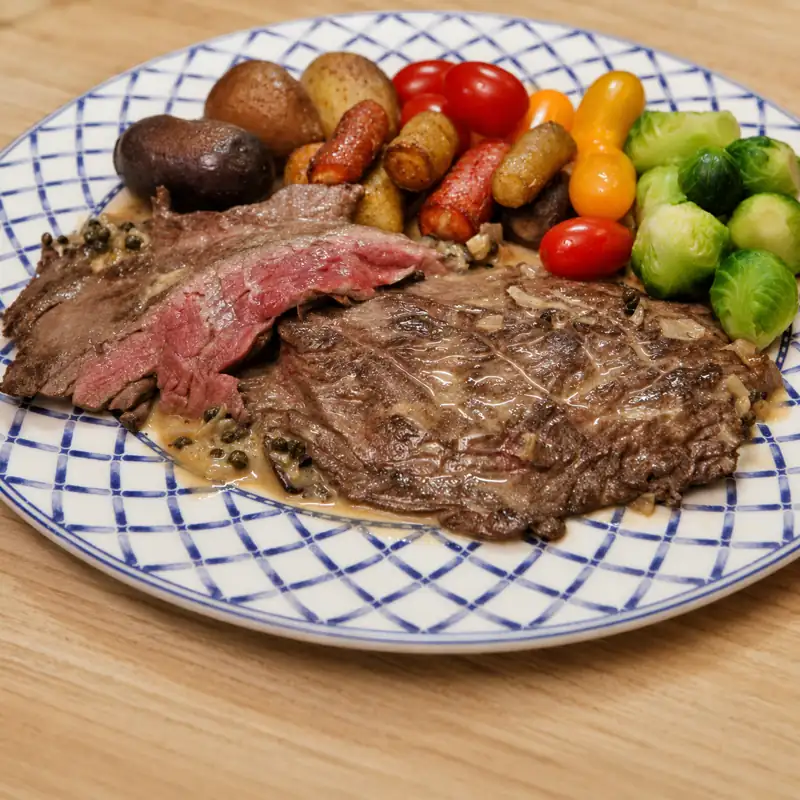 sichuan pepper flank steak creamy veal sauce, finished dish