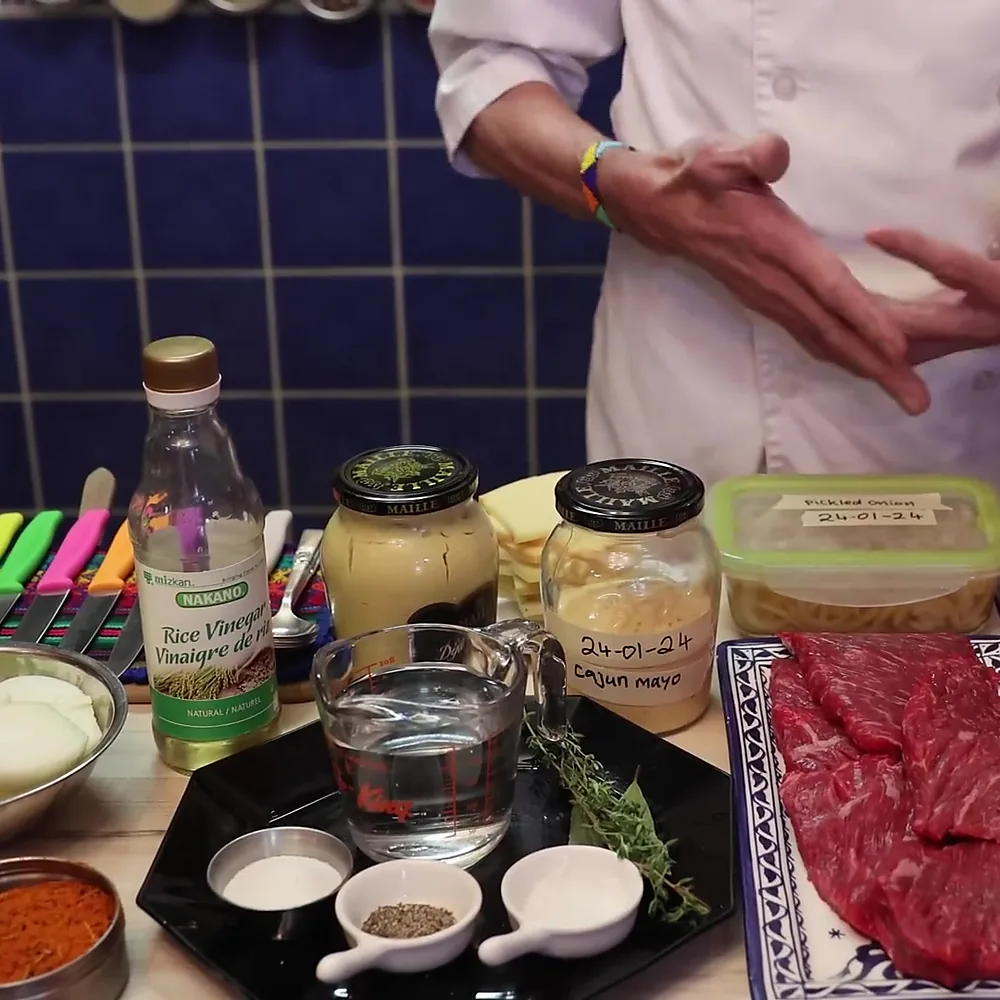 steak sandwich raclette cajun mayo pickled onions, ingredients